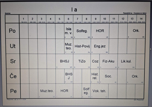 Raspored časova I-A razred