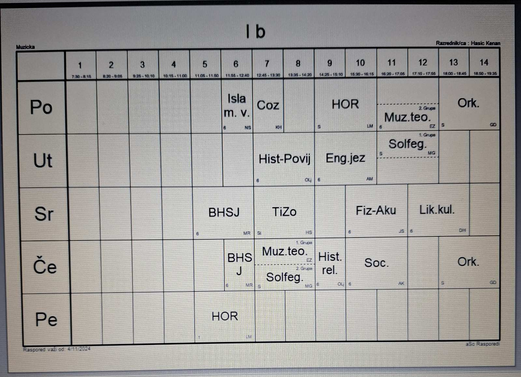Raspored časova I-B razred