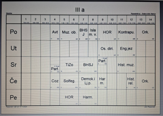 Raspored časova III-A razred